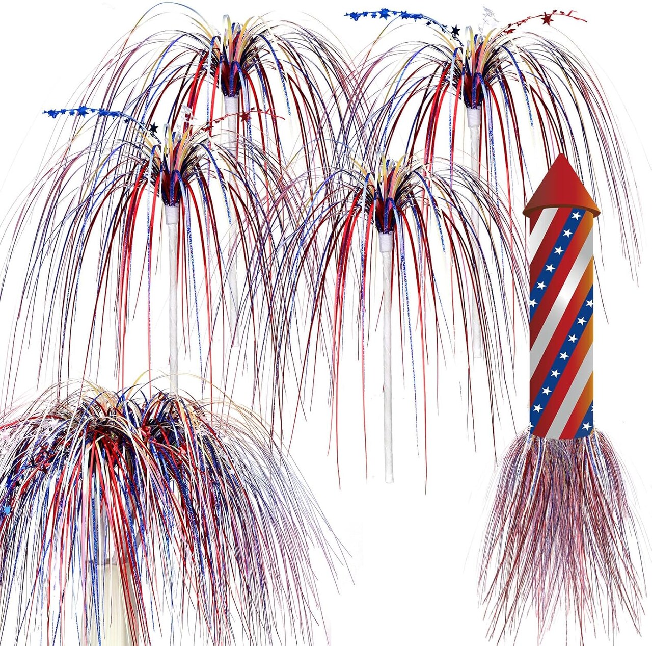 6 Pack 4th of July Patriotic Stem Picks, 27.6" Red White and Blue Firework Table Centerpieces with Stars, Flexible Floral Picks for Memorial Day, Veterans Day & 250th American Anniversary Decor